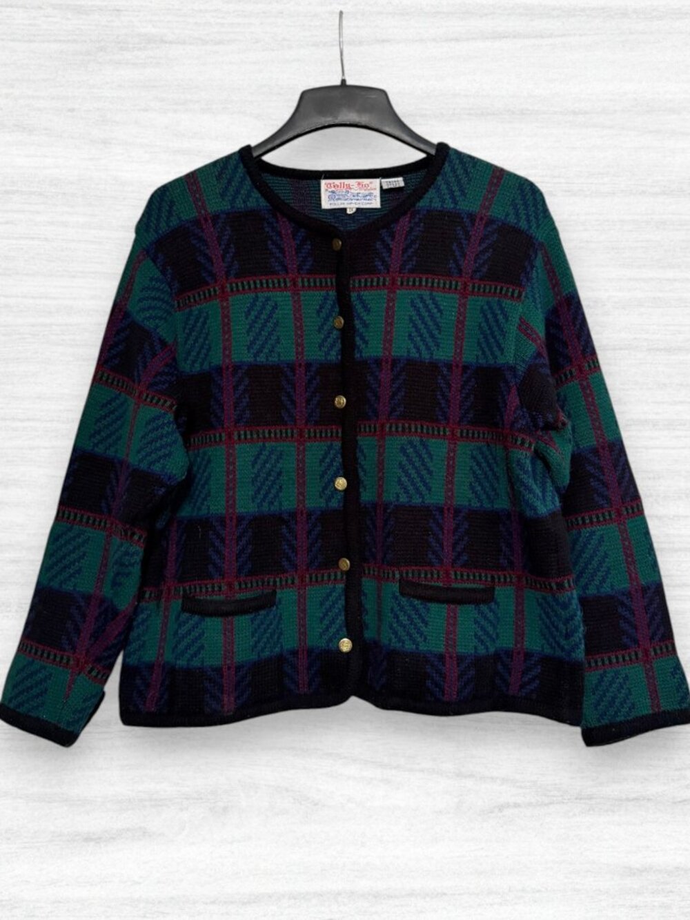 Vintage Tally-Ho Plaid Cardigan Sweater 1X Plus Green Navy Gold Buttons 80s 90s